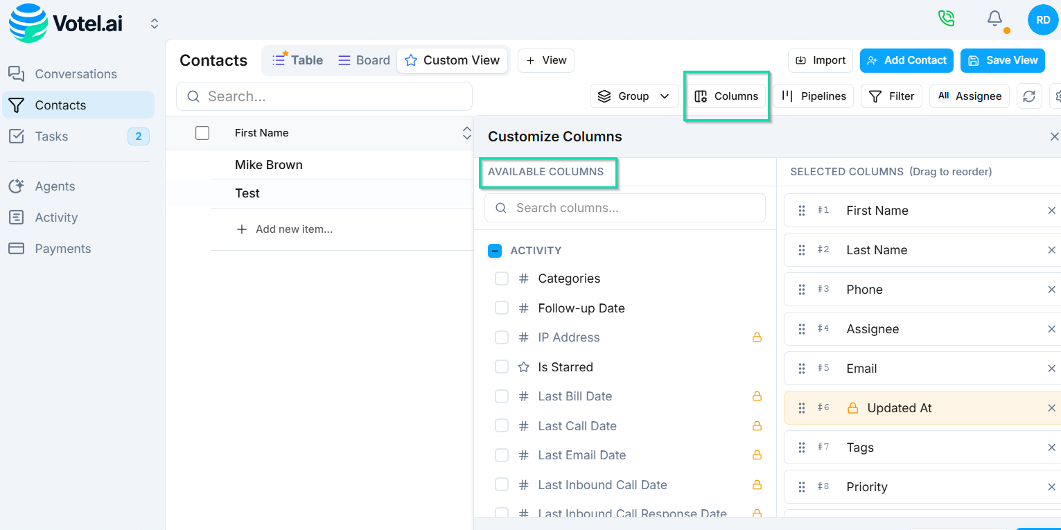 Choose which columns or fields to display